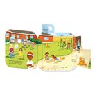 Im Vordergrund: "Überall um uns herum wachsen Dinge. Alles beginnt ganz klein und wird mit der Zeit größer."  
Illustration: Kinder spielen im Garten.