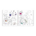 Illustration: Zwei Hasen mit Ostereiern, Küken mit Zylinder, Schmetterlinge, Herzen im Vogelhaus, Blumen. Fröhliche Szenen.