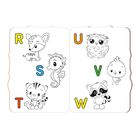 R, S, T, U, V, W in bunten Buchstaben. Illustrationen von Tierbabys: Reh, Seepferdchen, Tiger, Eule, Küken, Waschbär.