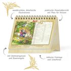 „April“ steht oben, darunter Kalenderblatt mit Illustrationen, Feiertagen, Notizen und Bauernregeln, umrandet von Weizenornamenten.