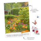 "Mai," "mit großen, stimmungsvollen Bildern," "übersichtliches Kalendarium." Bunte Tulpen und grüner Garten, Illustration von Schmetterlingen und Blumen.