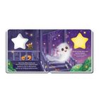 Texte: „Nun ist es Mitternacht ... gruselig leuchten.“ „Drück auf den Stern ... heute Nacht?“ Illustration eines Geists mit Sternen.