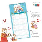 Wandkalender 'Juni', fünf Spalten. Illustration von Tierfamilie. Platz für Termine, Erinnerungen. Herzen und Figuren.