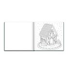Keine Texte vorhanden. Illustration eines Lebkuchenhauses mit Schneeflocken und dekorativen Mustern auf einer Doppelseite.