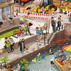 Geschäftsschilder: "BÜCHER" und "MORE MODE". Ein buntes Treiben an einem Kanal mit Kindern, Menschen und Booten.