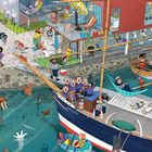 "Passat" steht auf einem Schiff. Menschen in buntem Treiben an einem Hafen mit vielen kleinen Szenen und Aktivitäten.