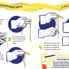 Illustration: Anleitung für einen verschwindenden Knoten mit Schritt-für-Schritt-Bildern von Händen und Schnur.