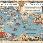 Mythische Karte des Römischen Reichs. Karikaturstil, mit gezeichneten Figuren und Gebäuden, detaillierte Landschaften.