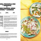 "Fenchel, Stracciatella-Käse und Granatapfel & Labneh-Frischkäse, grüner Spargel und Lachsrrogen." Zwei Teller mit frischen Speisen.