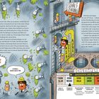 "Schleimfarben: Anzeichen und Symptome" beschreibt farbkodierte Infektionen. Zeichentrickfiguren, Schleim und Maschinerie.