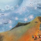 Texte: "Wenn sie aus den Wolken fallen, funkeln Massen von Kristallen." Winterliche Illustration mit Haus und lachenden Kindern.