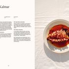 Gegrillter Kalmar mit Nduja. Das Rezept zeigt Zutaten und Zubereitung. Rechts ein Teller mit Kalmar und roter Sauce.