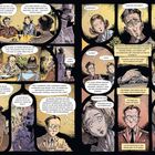 Eine Illustration zeigt mehrere Personen in Gesprächssituationen, darunter ein Mann namens Julius Landmann, der mit Sorge die Emigration von Kindern nach England erwägt. Der Dialog thematisiert Ängste und Unsicherheiten bezüglich der Zukunft. Die Bilder sind in gedeckten Farben gehalten.