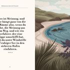 Links Text über persönliche Meinung und Seefahrt. Rechts Illustration: Küste, Meer, Hügel, Pflanzen im Vordergrund.
