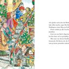 „1. Stock“ und „Autos“ sind Schilder. Weihnachtsdekoration, Personen auf Rolltreppe, detailliert und farbenfroh.