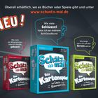 "NEU! Überall erhältlich, wo es Bücher oder Spiele gibt und unter www.schätz-mal.de" Drei Kartenspielformen.