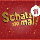 Text: "Schätz mal! 11". Illustration mit goldenen Schriftzügen auf rotem Hintergrund und Sternen.