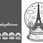 Text "Schneekugelträume". Illustration von Schneekugeln, eine zeigt den Eiffelturm mit Wolken und Bäumen.