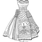 Es handelt sich um eine detaillierte Illustration eines Kleides mit Mustern und Blumenverzierungen auf einem Ständer.