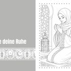 „Finde deine Ruhe.“ Illustration: Eine Frau betet kniend, mit Moschee und Mond im Hintergrund.