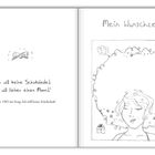 "Ich will keine Schokolade! Ich will lieber einen Mann!" Text links, Wunschzettel-Illustration mit Frau und Geschenk.