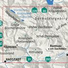 Kartenansicht des Dachsteingebirges mit Orten wie Radstadt, Schladming, Hauptstraßen und markanten Gipfeln.