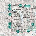 Eine Kartendarstellung zeigt Gebiete wie San Martino di Castrozza und Fiera di Primiero in gebirgigem Terrain.