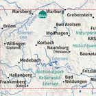 Karte mit Städtenamen wie Marsberg, Kassel und Naturparks wie Kellerwald-Edersee. Flüsse sind blau dargestellt.