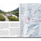 Links: Beschreibung eines Wanderroutings. Rechts: Karte mit eingezeichneter Route in den Julischen Alpen rund um Kranjska Gora.