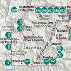 Landkarte mit Ortsnamen wie Kastelruth, Welschnofen, Vigo di Fassa und markierten Routen-Nummern.
