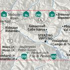 Eine Landkarte zeigt Orte wie Sterzing, Pfitsch, und den Jaufenpass. Straßen sind mit Nummern wie 36, 290 und 56 markiert.