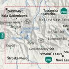 Landkarte der Tatra mit Orten wie Zakopane, Vysoké Tatry und Seen wie Morskie Oko innerhalb einer roten Markierung.