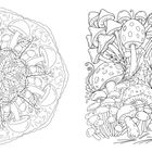 Links ein Mandala aus Pilzen, rechts eine Vielzahl von Pilzen und Blättern in einem dichten Arrangement. Schwarz-Weiß-Illustration.