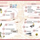 Inhalt mit Routen 1 bis 4, inkl. Orte wie Parthenon, Akropolis, Zentralmarkt und Kreta. Enthält Illustrationen von Bäumen und Gebäuden.