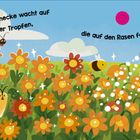 „Auch die kleine Schnecke wacht auf vom Klang der Tropfen, die auf den Rasen fallen.“ Bunte Blumenwiese mit Gießkanne.