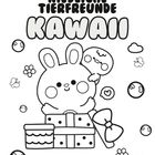 "Niedliche Tierfreunde Kawaii." Ein Hase und ein Küken sitzen auf Geschenken, umgeben von Blasen und Blumen.