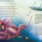 Illustration eines riesigen Krakens mit acht Tentakeln, der ein Boot mit einer Harpune angreift.