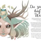 "Die zauberhafte Welt" in großer Schrift, Text über Feen und Geister. Illustration: Ein Gesicht mit Antler und einem Frosch.