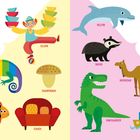Links "C": Clown, Chamäleon, Champignon, Clownfisch, Couch. Rechts "D": Delfin, Dachs, Dromedar, Dinosaurier, Dampfschiff. Illustrationen.