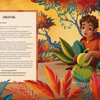 Text: "Einleitung. Hallo! Wie schön, dass du da bist! Blättere um..."

Illustration eines Kindes, das draußen sitzt, umgeben von bunten Blättern.