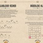 "Ein unglaublicher Rechner", "Brüderliche Hilfe". Zwei Texte mit Rätseln und Illustrationen von Münzsäcken und einem Binäro-Raster.