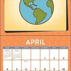 Text: April. Illustration: Ein Hund und ein Vogel reisen mit einem Rucksack um die Welt. Kalender darunter.