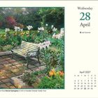 Mittwoch, 28. April. Kalenderseite mit Gemälde eines Gartens und einer Bank, umgeben von Blumen und Bäumen.