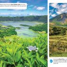 1. Sete Cidades Lake, grünliches Wasser, São Miguel Insel.

2. Mount Pico, ruhender Vulkan, höchster Punkt in Portugal.

Links: Grüner See mit blühenden Sträuchern. Rechts: Hoher Berg mit grüner Landschaft.