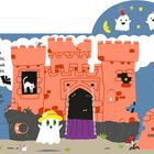 Vier kleine Geister spielen Verstecken in der Nacht. "Aber nur drei kleine Geister sagten... Boo!" In einer Illustration mit Geisterfiguren, einem Schloss und einem Gewitter.