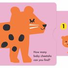 Texte: "Hello Big Cheetah! How many baby cheetahs can you find?", "You found... four babies!" Illustration: Geparden mit Blumen.