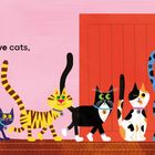 Text: "Five cats,"  
Illustration: Fünf bunte Katzen vor einer roten Tür auf rosa Hintergrund.