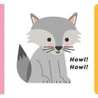 "What's that noise?", "Howl! Howl!", "It's noisy wolf!". Illustration eines lächelnden grauen Wolfs auf buntem Hintergrund.