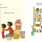 Text: "That same day, Sam moved in... she brought two suitcases, a million boxes of books, a huge cactus." Illustration: Eine Person trägt Koffer, ein Kind betrachtet ein Regal voller Bücher und Pflanzen.