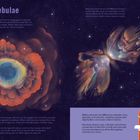 Text: "Nebulae. Enormous fogs made up of gas and dust float through space..."

Illustration: Farbenfrohe, wolkenartige Nebel und ein Astronom mit einem Papier.